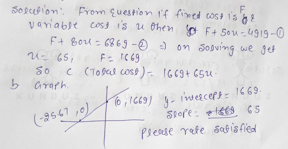 F & 2 solution: From question if fixed wose is to asf variable cost is u then you Ft 5ou-49190 Ft cou=6869 - =) on sooving we get U= 65, fa 1669 F = 1.669 Cou so C (Total COSA) - 1669+654 b Graph . , To ( (-25-67,0) (6,1669) yn intercept = 1669. Slope 1669 65 & Please rate satisfied