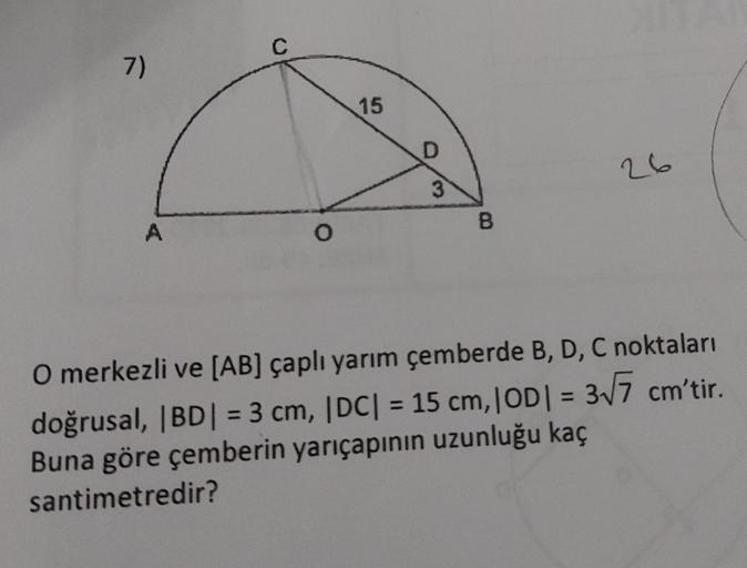 O merkezli ve [AB] çaplı yarım çemberde B, D, C noktaları
