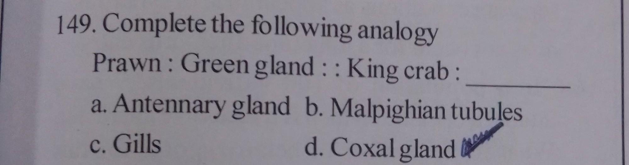 Complete the following analogy Prawn Green gland Biology
