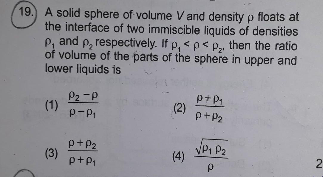 19 A Solid Sphere Of Volume V And Density P Floats Physics 19 A Solid Sphere Of Volume V And Density P Floats Physics