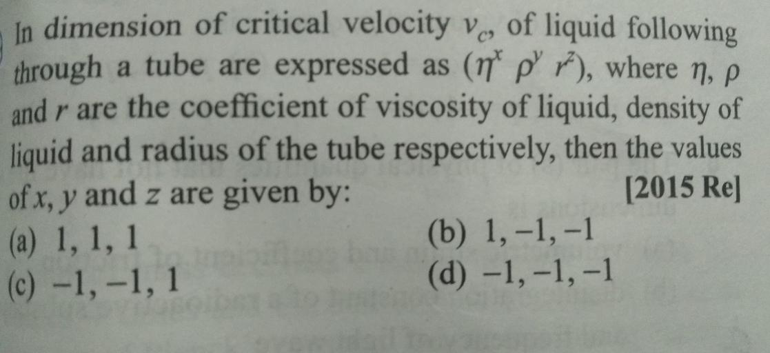 In dimension of critical velocity vo of liquid follo... Physics