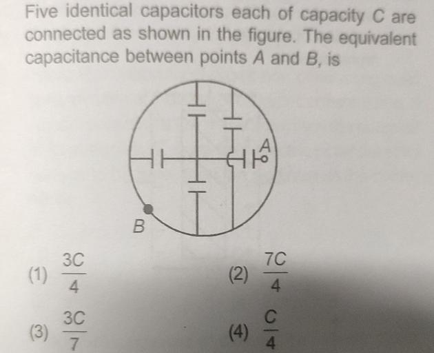 Five identical capacitors each of capacity C are con... Physics