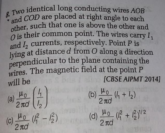 8. Two identical long conducting wires AOB and COD a... Physics
