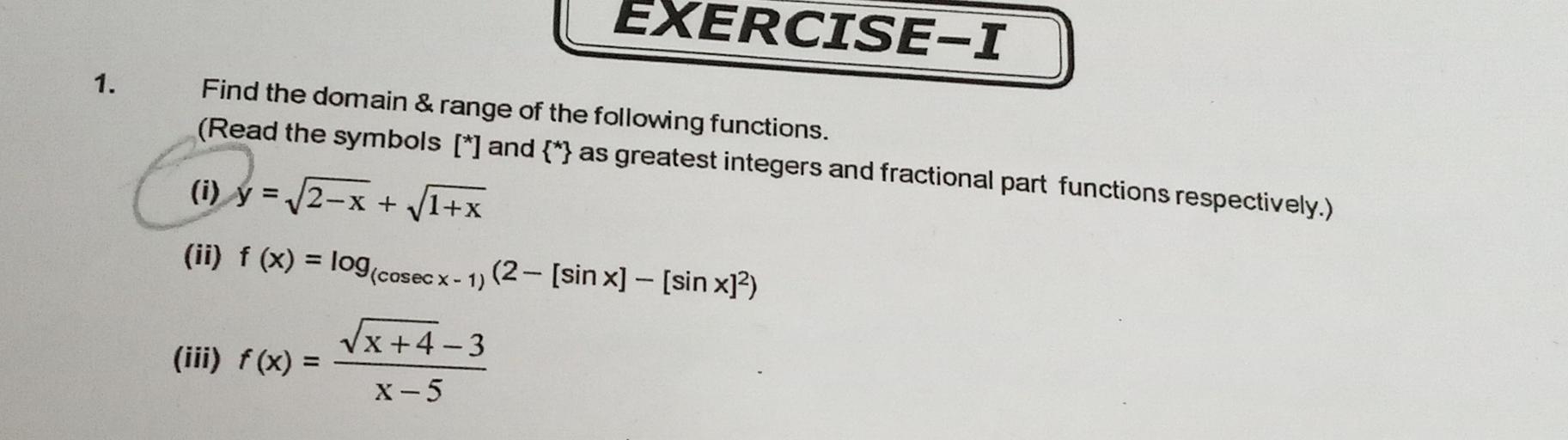 Exercise I 1 Find The Domain Range Of The Following Math