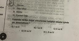 I. Mercan
II. Step bitkisi
III. Nilüfer
IV. Everest Dağı
Yukarıda verilen doğal unsurlardan hangileri litosfer içinde
yer almamaktadır?
A) I ve II
B) I ve III
C) II ve III
D) III ve IV
E) I, II ve IV