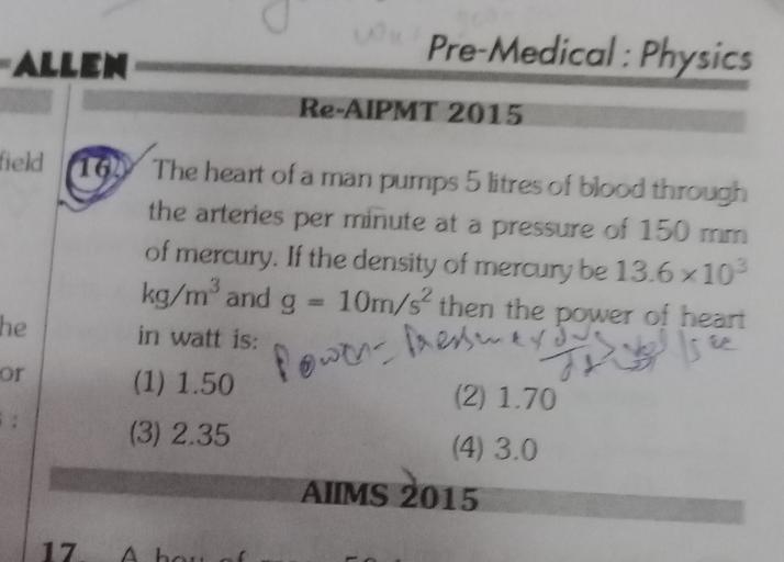 Pre-Medical : Physics ALLEN Re-AIPMT 2015 field 10 T... - Physics