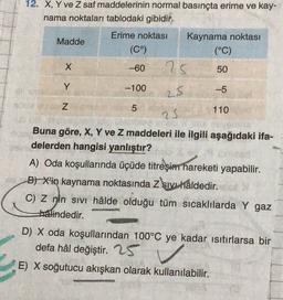 12. X, Y ve Z saf maddelerinin normal basınçta erime ve kay-
nama noktaları tablodaki gibidir.
Erime noktası Kaynama noktası
Madde
(Cº)
(°C)
-60
25
50
X > N
-100
25
-5
3
5
110
Buna göre, X, Y ve Z maddeleri ile ilgili aşağıdaki ifa-
delerden hangisi yanlıştır?
A) Oda koşullarında üçüde titreşim hareketi yapabilir.
B) X'in kaynama noktasında Z sive âldedir.
C) Z nin sivi hâlde olduğu tüm sıcaklılarda Y gaz
halindedir.
D) X oda koşullarından 100°C ye kadar isitirlarsa bir
defa hâl değiştir. 25
E) X soğutucu akışkan olarak kullanılabilir.
