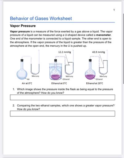 Behavior of Gases Worksheet Vapor Pressur... - Physical Chemistry