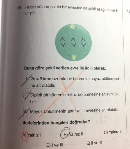 15. Hücre bölünmesinin bir evresine ait şekil aşağıda veril-
18
miştir.
Buna göre şekli verilen evre ile ilgili olarak,
2n = 6 kromozomlu bir hücrenin mayoz bölünmesi-
ne ait olabilir.
I. Diploit bir hücrenin mitoz bölünmesine ait evre ola-
bilir.
IIK: May