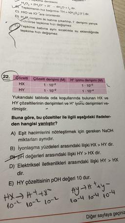 ime denklemi
H2O2 + 2H,0* + 21 - 4H2O + lą dir.
1st Tepkimenin hız bağıntısı TH = K[H,O,11 dir.
C) HIO ve 10-ara ürünlerdir.
D) H0 derişimi iki katına çıkartılıp, F derişimi yanya
Tndirilirse tepkime hızı değişmez.
Tepkime kabina aynı sıcaklıkta su eklendiğinde
tepkime hızı değişmez.
22.
Çözelti
Çözelti derişimi (M) H+ iyonu derişimi (M)
HX
1 10-2
1-10-2
HY
1 · 10-2
1.104
Yukarıdaki tabloda oda koşullarında bulunan HX ve
HY çözeltilerinin derişimleri ve H+ iyonu derişimleri ve-
rilmiştir.
Buna göre, bu çözeltiler ile ilgili aşağıdaki ifadeler-
den hangisi yanlıştır?
A) Eşit hacimlerini nötrleştirmek için gereken NaOH
miktarları aynıdır.
B) İyonlaşma yüzdeleri arasındaki ilişki HX > HY dir.
pH değerleri arasındaki ilişki HY > HX dir.
D) Elektriksel iletkenlikleri arasındaki ilişki HY > HX
dir.
E) HY çözeltisinin pOH değeri 10 dur.
HX - A++
10-2 10-2 10-2
HY Htty-
10-4 104
10-4
Diğer sayfaya geçiniz