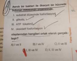 11.
Aerob bir bakteri ile ökaryot bir hücrede
bulunan mitokondriorganelinde,
1. substrat düzeyinde fosforilasyon
II. glikoliz,
III. ATP tüketimi
sin
ekt-
bir
üle
at,
IV. oksidatif fosforilasyon
olaylarından hangileri ortak olarak gerçek-
leşir?
Palme Yayınevi
A) I ve II
B) I ve IV
C) Il ve III
ler
kt-
I, III ve IV
E) II, III ve IV