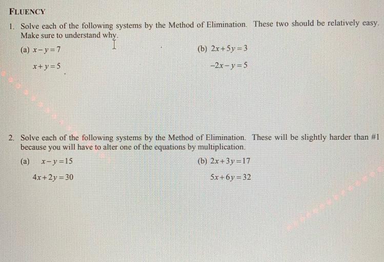 Fluency 1 Solve Each Of The Following Systems By The M Math Fluency 1 Solve Each Of The Following Systems By The M Math