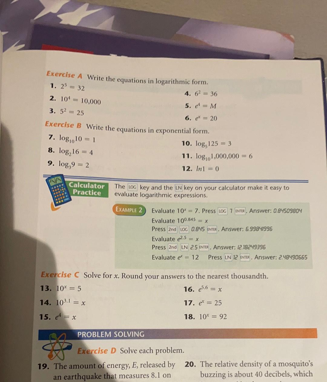 Exercise A Write The Equations In Logarithmic Form 1 Math