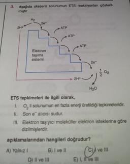 3.
Aşağıda oksijenli solunumun ETS reaksiyonları gösteril-
miştir.
H₂
2e-
2H+
ATP
ATP
ATP
Elektron
taşıma
sistemi
2e-
02
2
2H+
H20
ETS tepkimeleri ile ilgili olarak,
I. O, li solunumun en fazla enerji üretildiği tepkimeleridir
.
II. Son e alicisi sudur.
III. Elektron taşıyıcı moleküller elektron isteklerine göre
dizilmişlerdir.
açıklamalarından hangileri doğrudur?
A) Yalnız !
B) I ve II
Clive
ve III
D) Il ve III
E) I, Il ve III
