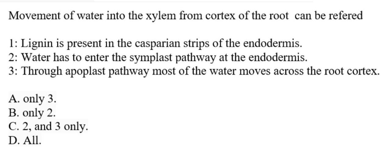 Movement of water into the xylem from cortex of the Biology