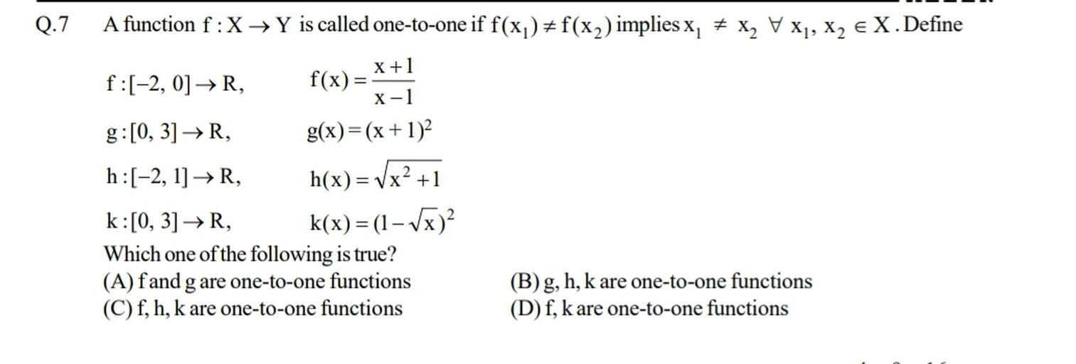 Q 7 A Function F X Y Is Called One To One If F X F Math