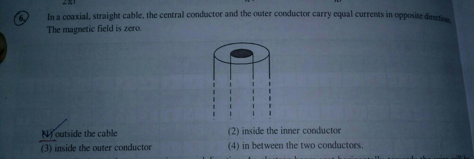 In a coaxial, straight cable, the central conductor Physics