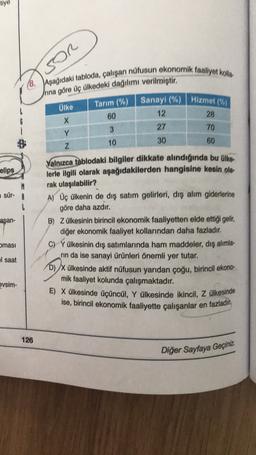 tiye
SOR
(8. Aşağıdaki tabloda, çalışan nüfusun ekonomik faaliyet kolle
Jrına göre üç ülkedeki dağılımı verilmiştir.
Ülke
28
6
X
Tarım (%) | Sanayi (%) Hizmet (%)
60
12
3
27
10
30
60
70
Y
z
elips
Yalnızca tablodaki bilgiler dikkate alındığında bu ülke
lerl