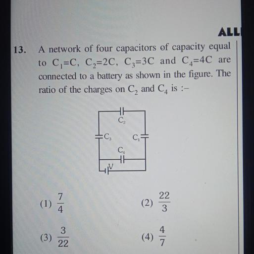 13. ALL A network of four capacitors of capacity equ... Physics