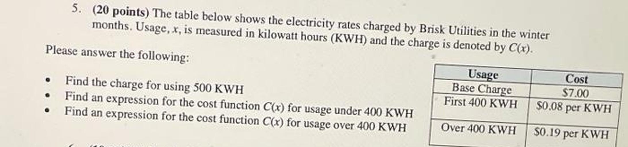 5. (20 points) The table below shows the electricity ra... Math