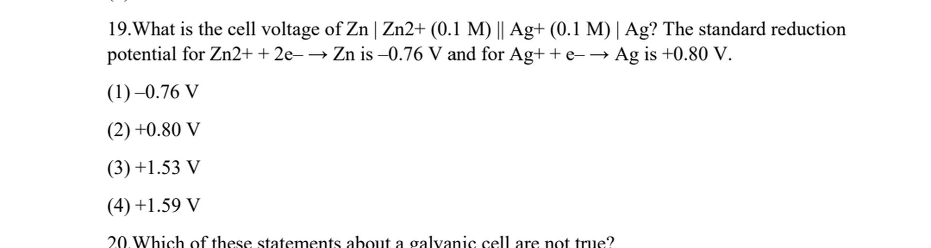19. What is the cell voltage of Zn Zn2+ Organic Chemistry