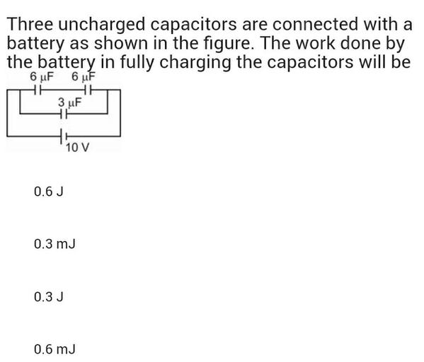Three uncharged capacitors are connected with a batt... Physics
