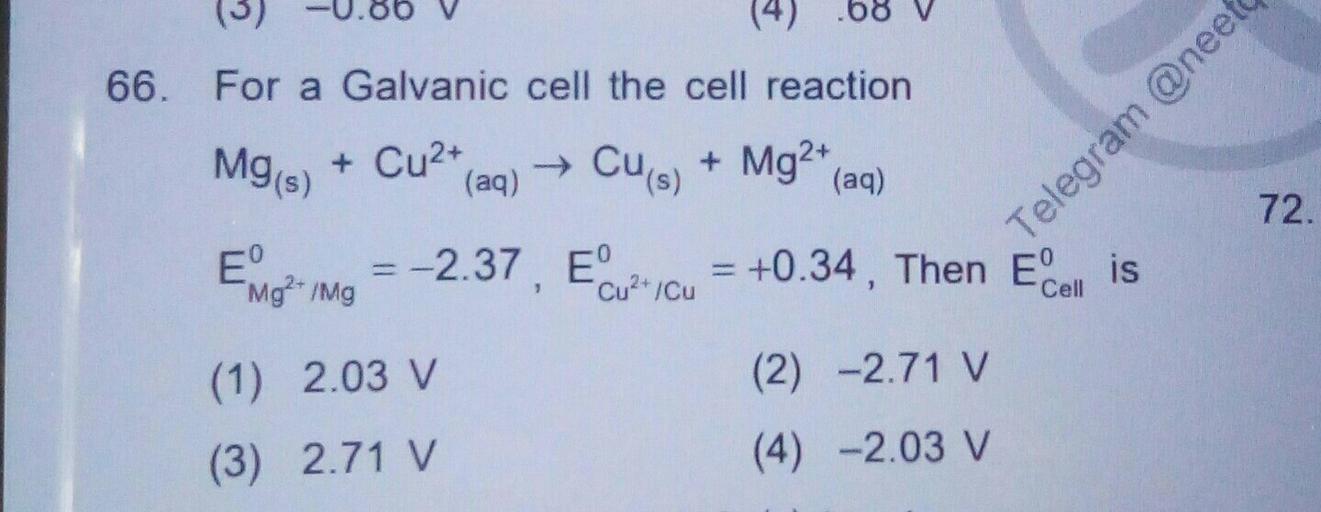 () 66. For a Galvanic cell the cell react... Physical Chemistry