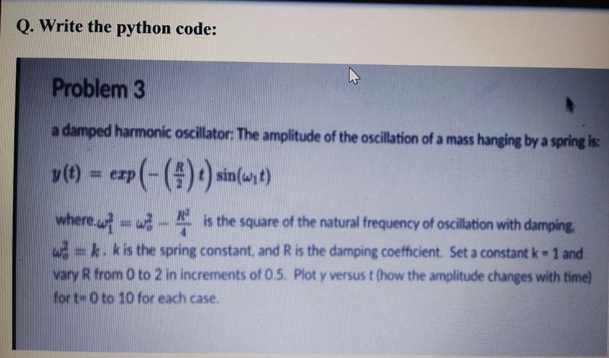 Q. Write the python code Problem 3 a damped harmonic o... Math