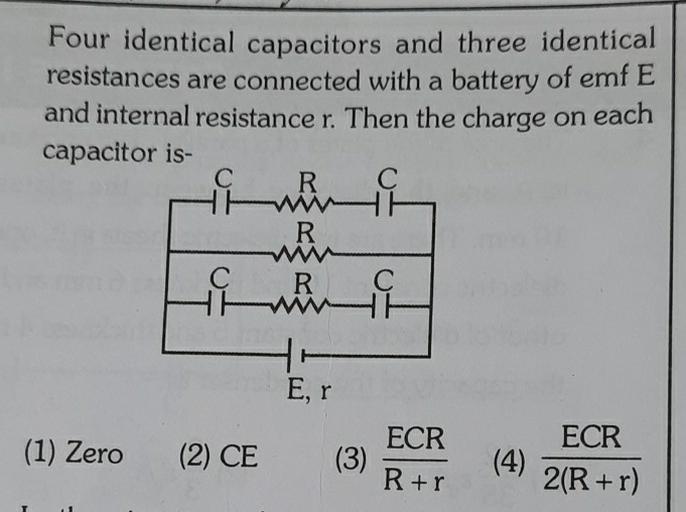 Four identical capacitors and three identical resist... Physics