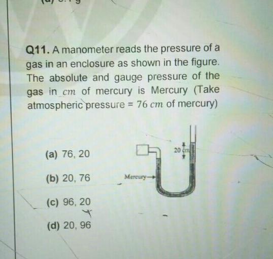 9 Q11. A manometer reads the pressure of a gas in an... Physics