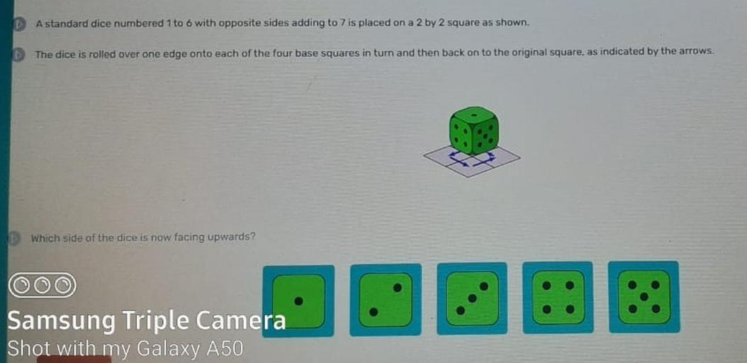 A standard dice numbered 1 to 6 with opposite sides add... Math