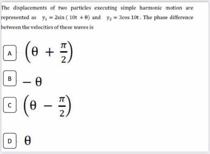 When Two Displacements Represented By Y1 The displacements of two particles executing simple - Physics