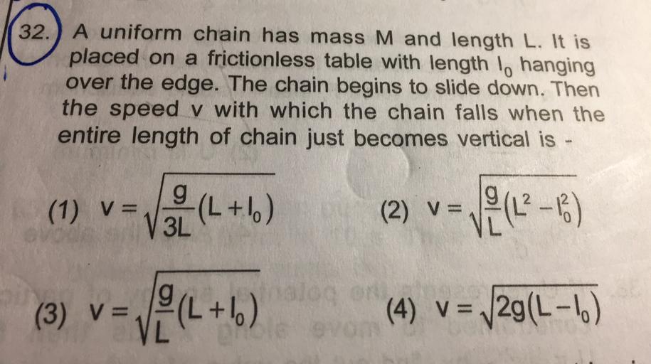 32.) A uniform chain has mass M and length L. It is Physics