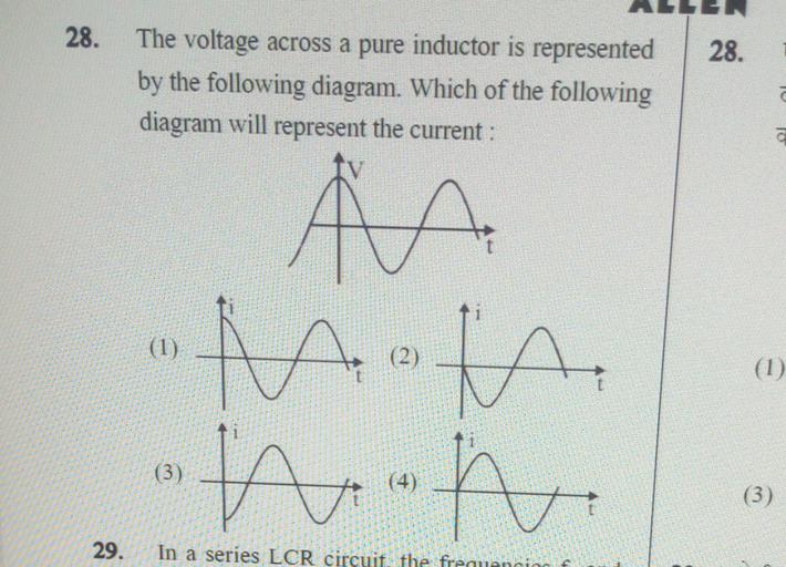 The voltage across a pure inductor is represented by... Physics