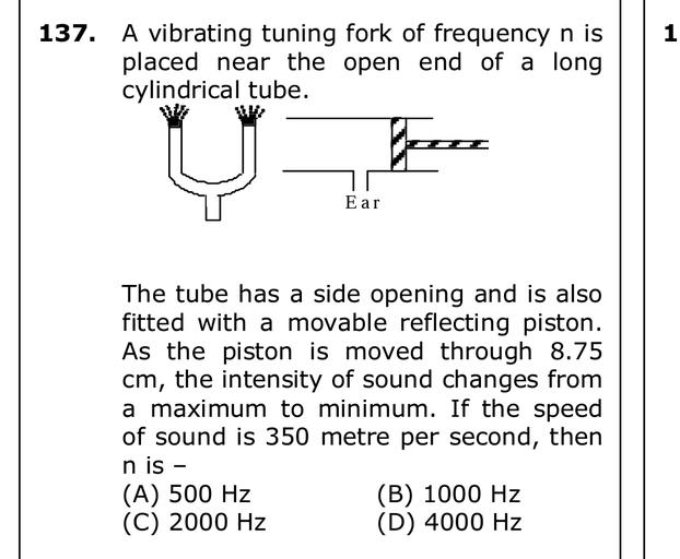 1 137. A vibrating tuning fork of frequency n is pla... Physics