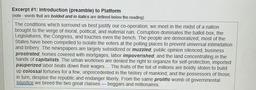 Excerpt #1: Introduction (preamble) to Platform
(note - words that are bolded and in italics are defined below the reading)
The conditions which surround us best justify our co-operation; we meet in the midst of a nation
brought to the verge of moral, poli