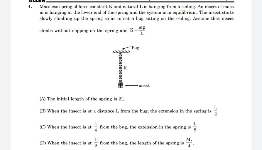 4. Massless spring of force constant K and natural L... Physics
