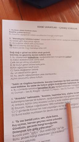 EDEBİ SANATLAR - ÇIKMIŞ SORULAR
1. Kurban olam kurban olam
Beşikte yatan kuruya
Bu beyitte aşağıdaki edebi sanatlardan hangisi yapilmishra
2. "Menekşeler külahını kaldır" dizesindeki edebi sanat, asook dizelerden
A) Güzel gitti diye pinar ağladı
B) Ak kuğu