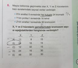 6. Mayoz bölünme geçirmekte olan X, Y ve Z hücrelerinin
bazı evrelerindeki sayısal veriler verilmiştir.
• X'in anafaz Il evresinde her kutupta 24 kromatit 24
• Y'nin profaz I evresinde 16 tetrat
• Z'nin anafaz levresinde 30 kromozom
X, Y ve Z hücrelerin gametlerindeki kromozom sayi-
si aşağıdakilerden hangisinde verilmiştir?
mionnNMELERT
X
Y
Z
12
8
15
24
16
15
A)
B)
C)
D)
E)
12
15
32
16
24
30
-
48
32
30
C
