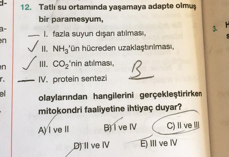 3. H
a-
en
12. Tatlı su ortamında yaşamaya adapte olmuş
bir paramesyum,
I. fazla suyun dışarı atılması,
✓ . ,
II. NHz'ün hücreden uzaklaştırılması,
s
III. CO2'nin atılması,
IV. protein sentezi
n
r.
B
el
olaylarından hangilerini gerçekleştirirken
mitokondri