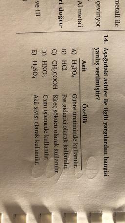 metali ile
çeviriyor
14. Aşağıdaki asitler ile ilgili yargılardan hangisi
yanlış verilmiştir?
Al metali
ri doğru-
Asit
Özellik
A) H3PO4 Gübre üretiminde kullanılır.
B) HCl Pas giderici olarak kullanılır.
C) CH3COOH Kireç sökücü olarak kullanılır.
D) HNO3 Camı işlemede kullanılır.
E) H2SO4
Akü sivisi olarak kullanılır.
ve III
1