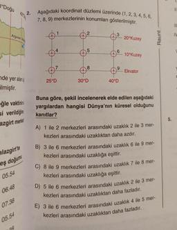 3°Doğu
2.
Aşağıdaki koordinat düzlemi üzerinde (1,2,3,4,5,6,
7, 8, 9) merkezlerinin konumları gösterilmiştir.
Arguvan Walker
3
IV
20°Kuzey
Raunt
4
5
6
10°Kuzey
8
9
Ekvator
nde yer alan üs
25°D
30°D
40°D
ilmiştir.
eğle vaktinin
si verildiğine
Buna göre, şek
