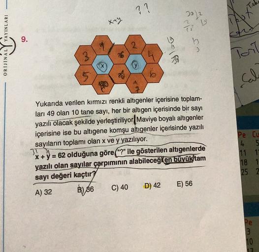 ??
3072
x+y
2
7 D
TADA
9.
b
ORIJINAL Y YAYINLARI
2
am
3
X
UT
Sale
Yukarıda verilen kırmızı renkli altigenler içerisine toplam-
ları 49 olan 10 tane sayı, her bir altıgen içerisinde bir sayı
yazılı olacak şekilde yerleştiriliyor Maviye boyalı altıgenler
içe