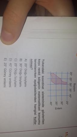 Boylam
20° 25° 30° 35° 40°
-25°
11.
30°
Enlem
-35°
-40°
Yukarıdaki koordinat sisteminde gösterilen
koyu renkli bölgenin matematiksel konumu
tanımlanırken aşağıdakilerden hangisi kulla-
nilmaz?
A) 20° Doğu boylami
B) 30° Doğu boylamı
C) 25° Doğu boylami
D) 40° Güney enlemi
E) 25° Güney enlemi
