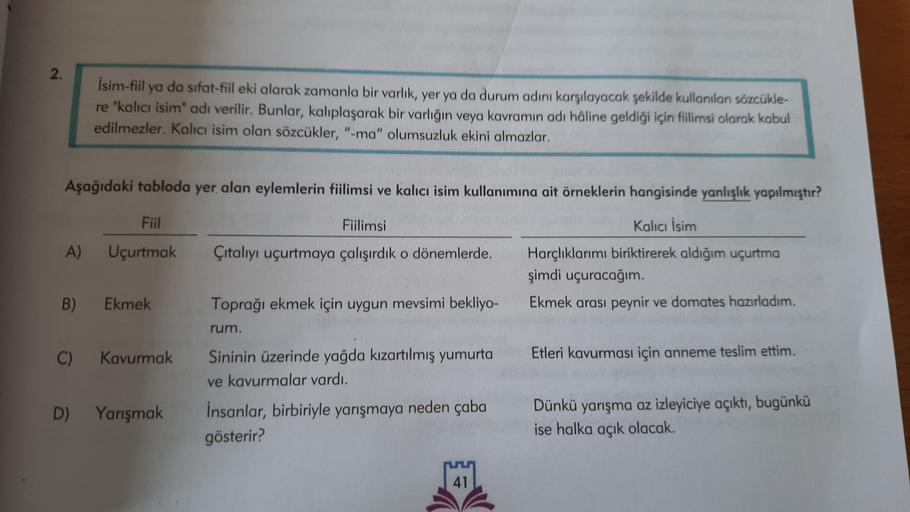 2.
İsim-fiil ya da sifat-fiil eki alarak zamanla bir varlık, yer ya da durum adını karşılayacak şekilde kullanılan sözcükle-
re "kalıcı isim" adı verilir. Bunlar, kalıplaşarak bir varlığın veya kavramın adı haline geldiği için fiilimsi olarak kabul
edilmez