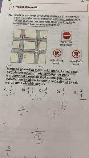 TYT/Temel Matematik
30. Aşağıda kuşbakışı görünümü verilmiş yol haritasındaki
1'den 4'e kadar numaralandırılmış kavşak noktalarında
şekilde gösterilen ve anlamları altına yazılmış trafik
işaretlerinden birer tane bulunmaktadır.
Karşı yola
giriş yasak
Sağa