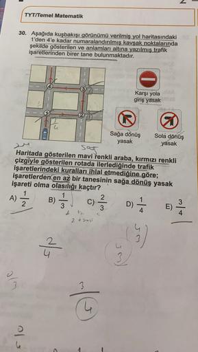 TYT/Temel Matematik
30. Aşağıda kuşbakışı görünümü verilmiş yol haritasındaki
1'den 4'e kadar numaralandırılmış kavşak noktalarında
şekilde gösterilen ve anlamları altına yazılmış trafik
işaretlerinden birer tane bulunmaktadır.
Karşı yola
giriş yasak
Sağa 