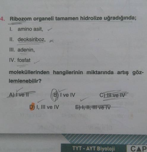 4. Ribozom organeli tamamen hidrolize uğradığında;
I. amino asit,
II. deoksiriboz, X
III. adenin,
IV. fosfat
moleküllerinden hangilerinin miktarında artış göz-
lemlenebilir?
A) I ve II
B) I ve IV
e) i ve
C) tl ve 1
D) I, III ve IV
E) I, II, II ve TV
TYT - 