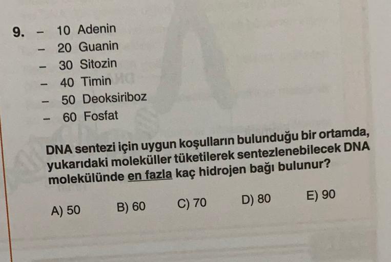 -
9. - 10 Adenin
20 Guanin
30 Sitozin
40 Timin
50 Deoksiriboz
60 Fosfat
DNA sentezi için uygun koşulların bulunduğu bir ortamda,
yukarıdaki moleküller tüketilerek sentezlenebilecek DNA
molekülünde en fazla kaç hidrojen bağı bulunur?
D) 80
E) 90
C) 70
A) 50