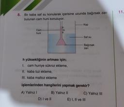 11.
8.
Bir kaba saf su konularak içerisine ucunda bağırsak zarı
bulunan cam huni konuluyor.
Kap
Cam
huni
Saf su
Bağırsak
zari
h yüksekliğinin artması için;
I. cam huniye sükroz ekleme,
II. kaba tuz ekleme,
III. kaba maltoz ekleme
işlemlerinden hangilerini yapmak gerekir?
A) Yalnız! B) Yalnız II
C) Yalnız III
D) I ve II E) I, II ve III